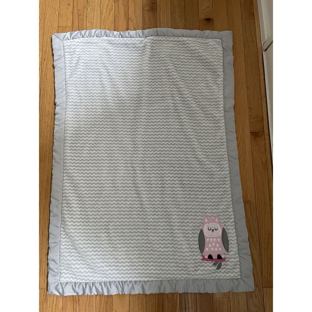 Wendy Bellissimo Pink Owl Baby Blanket Gray White Stripe Diamond Satin Trim